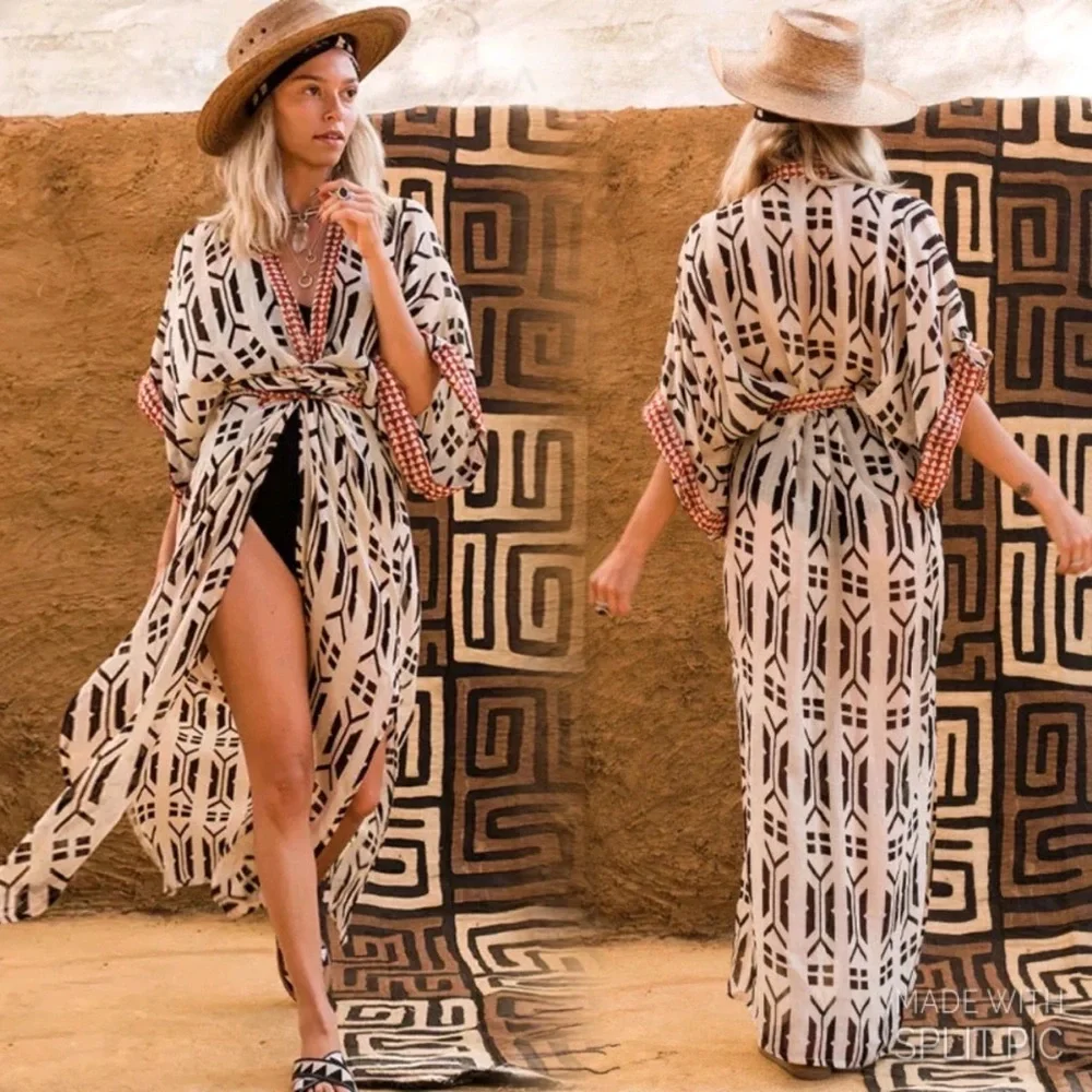 New Bohemian Kimono Duster Jacket Robe Swim Cover - Picture 2 of 12